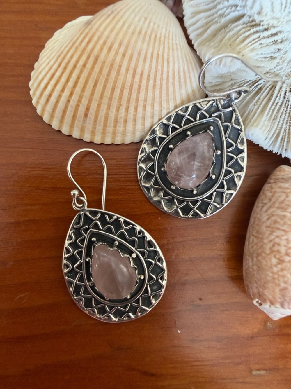 Handcrafted Rose Quartz Teardrop Earrings - Sterling Silver
